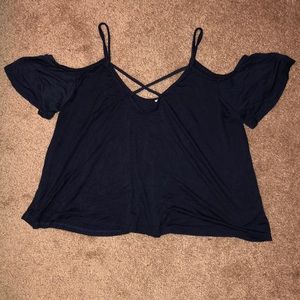 Navy blue flowy shirt with shoulder cutout